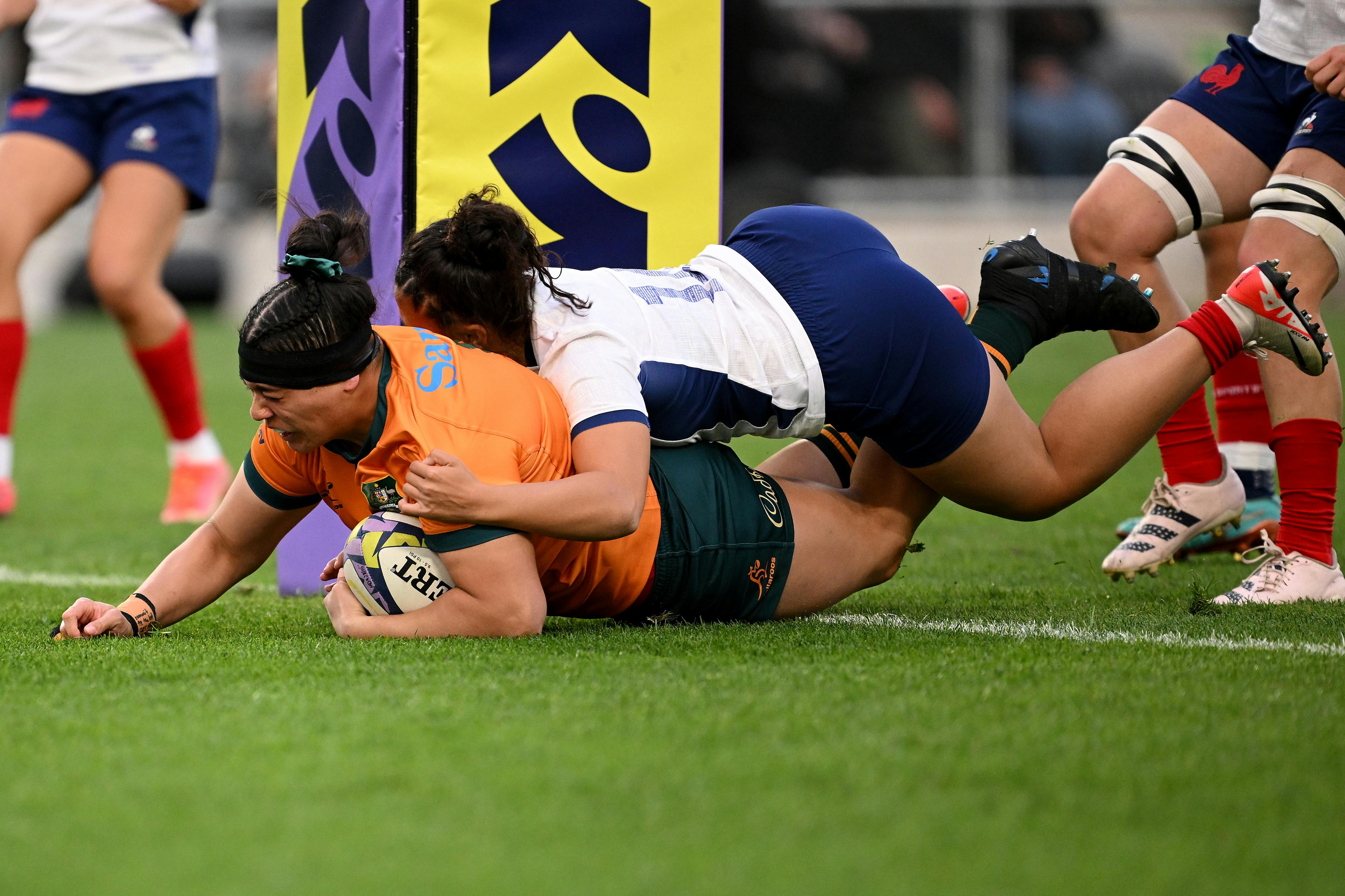 Hat-trick hero Eva Karpani scores the first of her three tries against France during Australia's WXV1 win in Dunedin. Picture: Getty