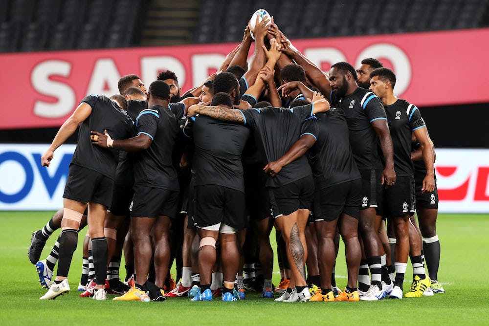 Fiji huddle up at their match-eve run at Sapporo Dome. Photo: Getty Images