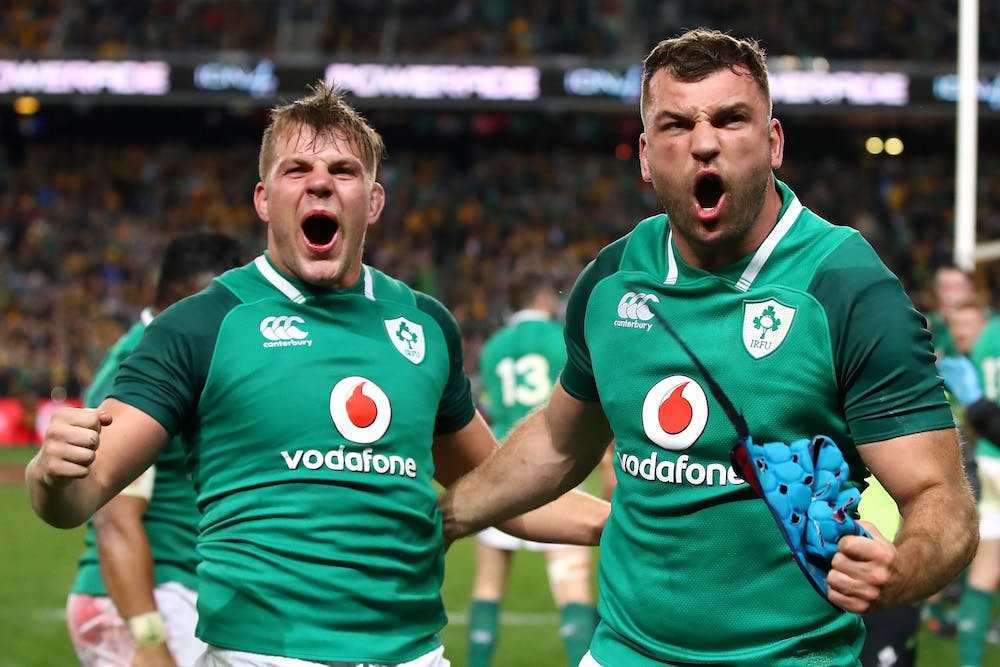 Jordi Murphy and Tadgh Beirne celebrate victory in the third Test against Australia in Sydney. Photo: Getty Images