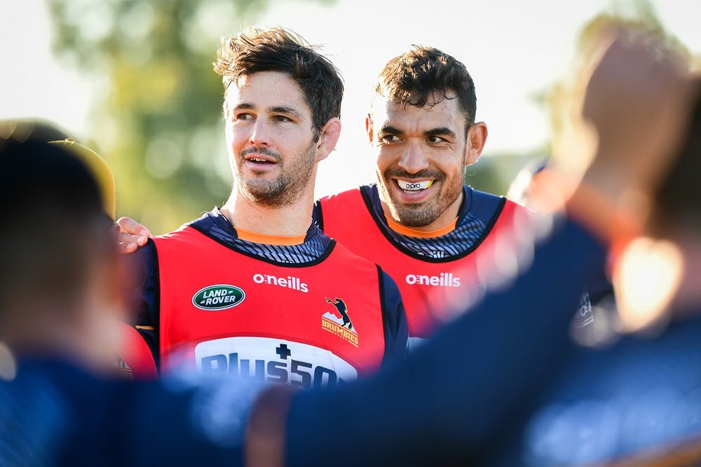 Sam Carter and Rory Arnold side by side at Brumbies training. Photo: Stu Walmsley/RUGBY.com.au
