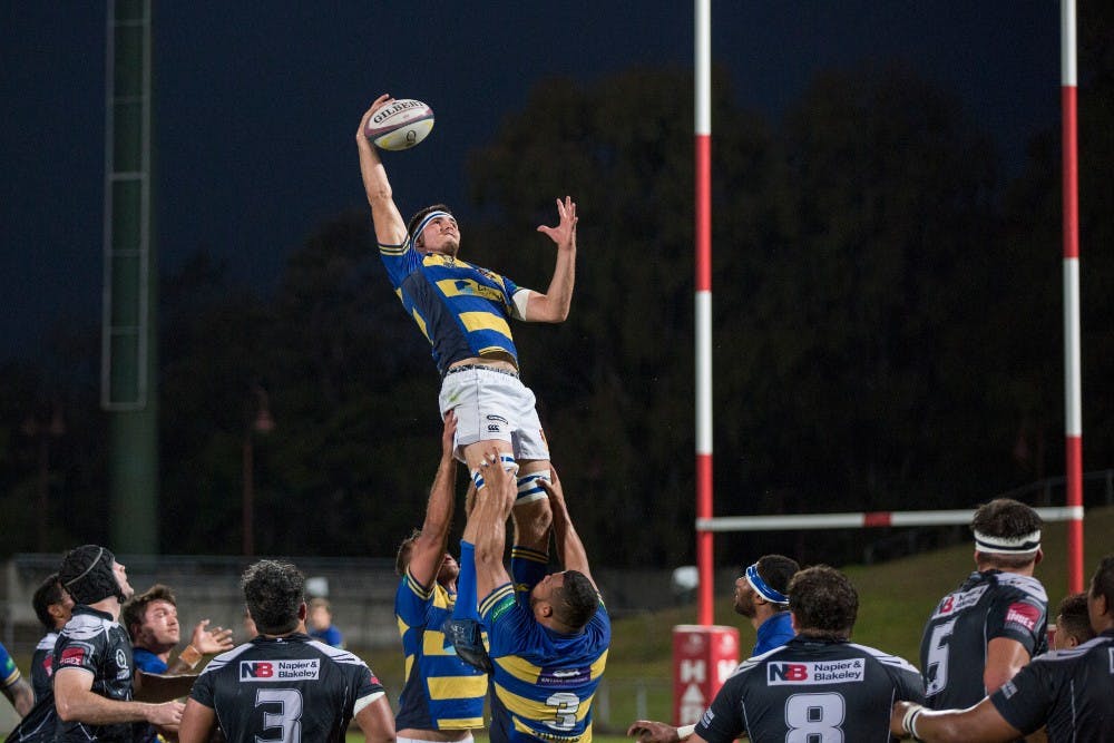 Liam Wright takes the lineout for Easts during the Allsports Physiotherapy Hospital Challenge Cup. Photo: Brendan Hertel/QRU