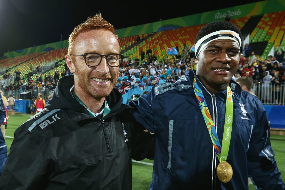 Ben Ryan and Ro Dakuwaqa of Fiji after winning a gold medal at the 2016 Rio Olympics. Photo: Getty Images.