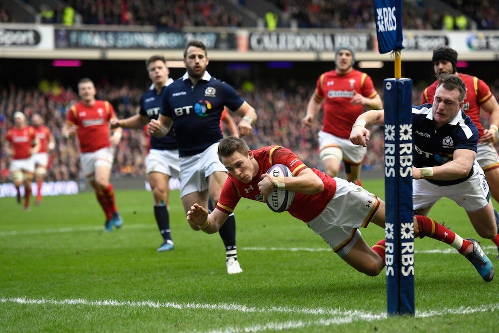 Liam Williams scores a try for Wales in their Six Nations clash against Scotland. Photo: Getty Images.