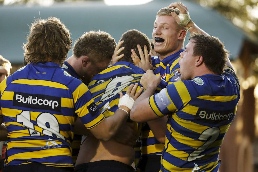 Sydney Uni celebrate a try and another spot in the Shute Shield decider. Photo: Karen Watson