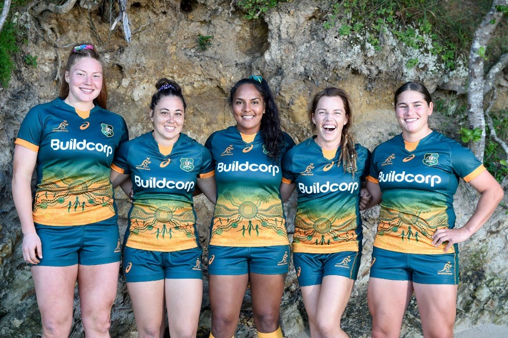 From L to R: Grace Kemp, Madi Schuck, Mahalia Murphy, Lori Cramer and Lilyann Mason-Spice in the new First Nations kit.  Photo: Getty Images