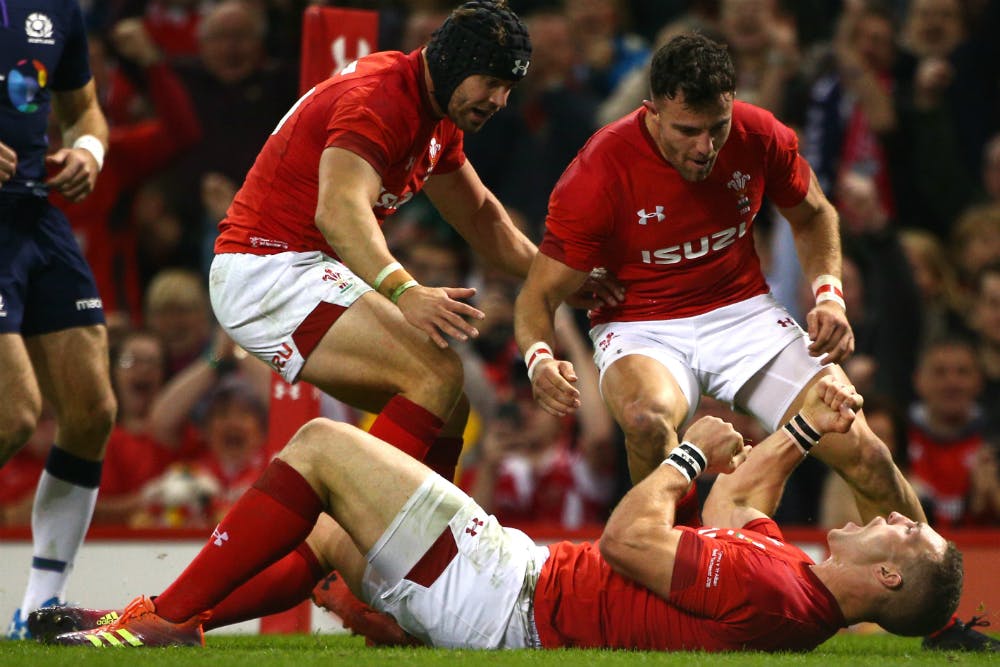 Wales winger George North celebrates after scoring. Photo: Getty Images