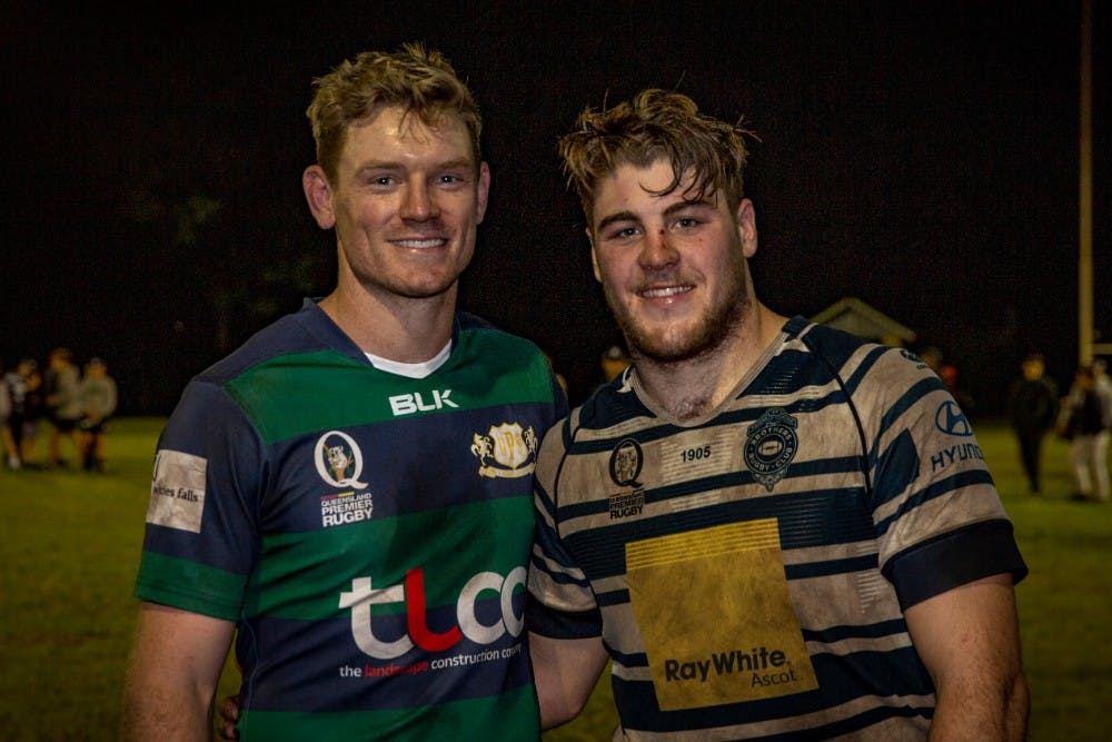 Reds players Bryce Hegarty and Fraser McReight reflect after their top-of-the-table clash in Queensland Premier Rugby. Photo: QRU Media/Brendan Hertel